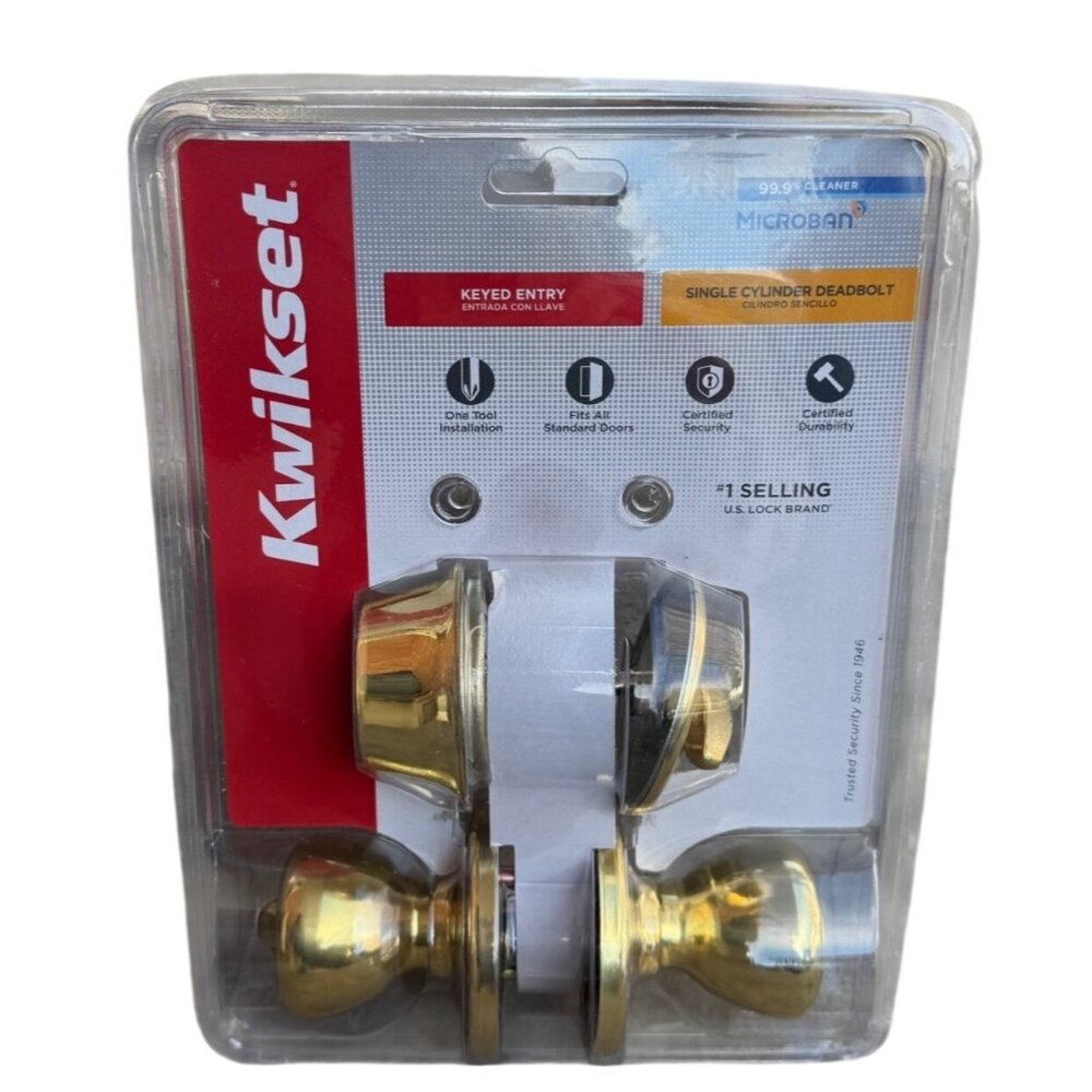 Kwikset Tylo Polished Brass Entry Door Knob & Dual Cylinder Deadbolt Combo Pack